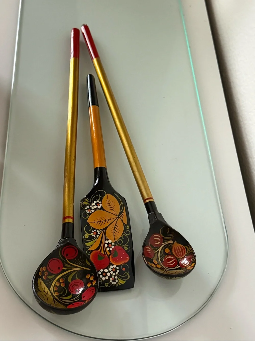 Decorative Black & Gold Hand-Painted Serving Spoons with Red Accents